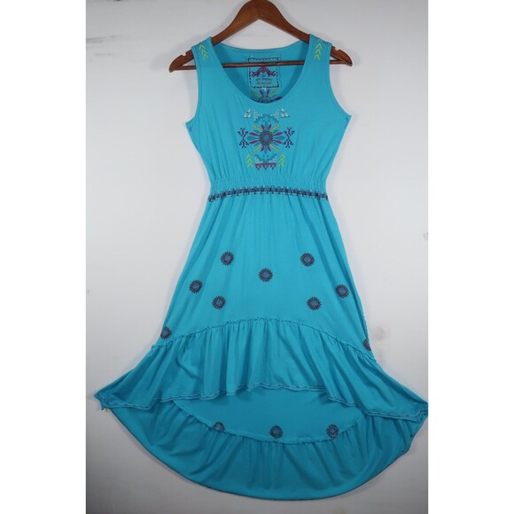 Johnny Was JWLA Embroidered Turquoise Maxi Dress Cotton Tank Aztec Size Small - Picture 5 of 14